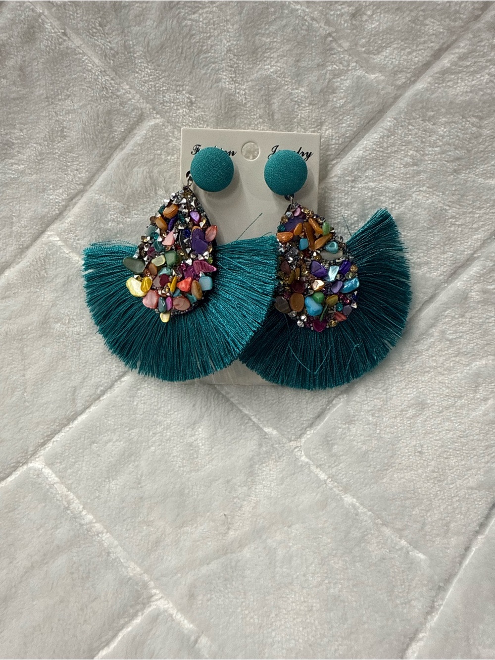 Teal Fan Tassel Drop Earrings with Multicolor Gem Accents